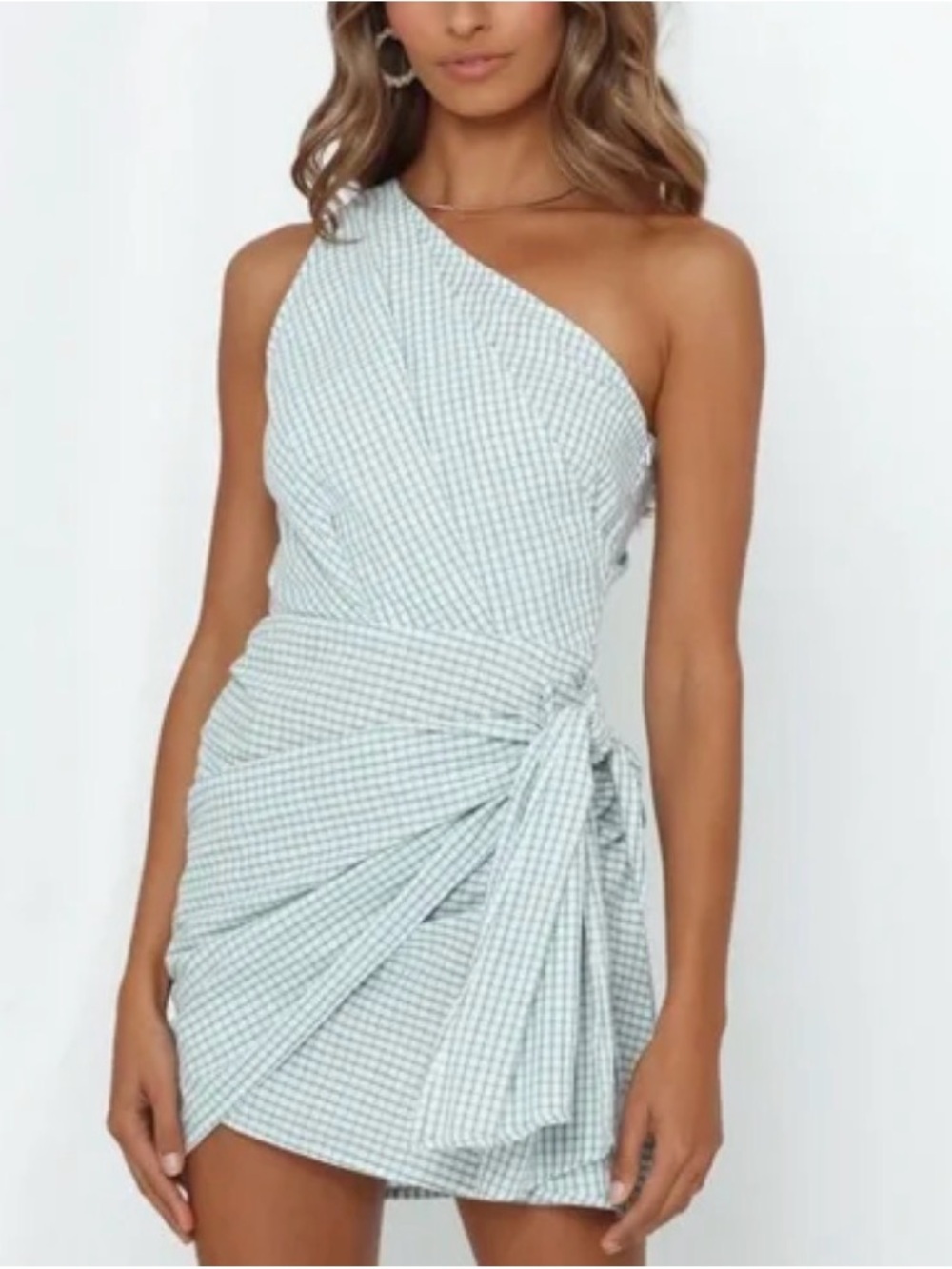 Hello Molly Speed Bumps Dress One-Shoulder Mint Gingham Tie-Waist